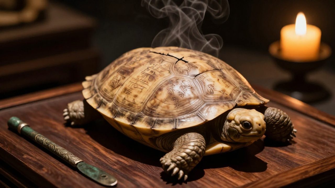 Caparazón de tortuga con inscripciones de caracteres Jiaguwen antiguos sobre un altar de madera en un ritual de la dinastía Shang.
