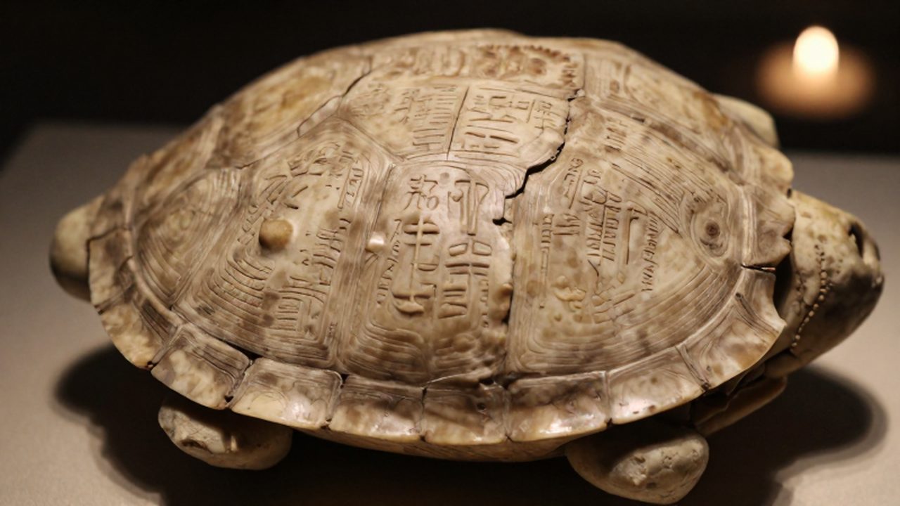 Caracteres antiguos grabados en la superficie de un caparazón de tortuga con texturas desgastadas.