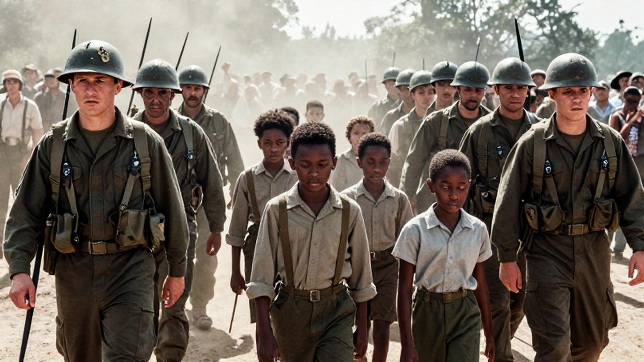 Soldados con uniformes militares forman un pasillo de protección para que estudiantes afroamericanos caminen con solemnidad entre una multitud en tensión.