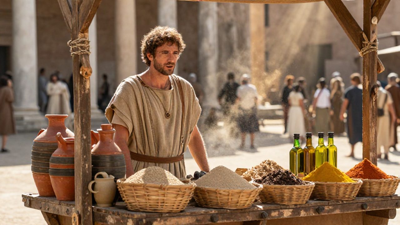 Mercader romano con túnica de lino atendiendo un puesto de madera con cestas de grano, ánforas de aceite y especias en un foro bullicioso bajo la luz del sol.