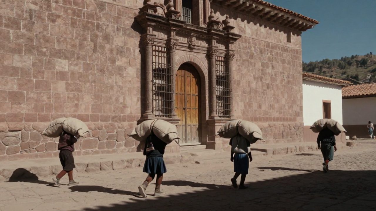 Paisaje andino colonial con un edificio administrativo de piedra y trabajadores indígenas cargando sacos bajo un sol intenso.