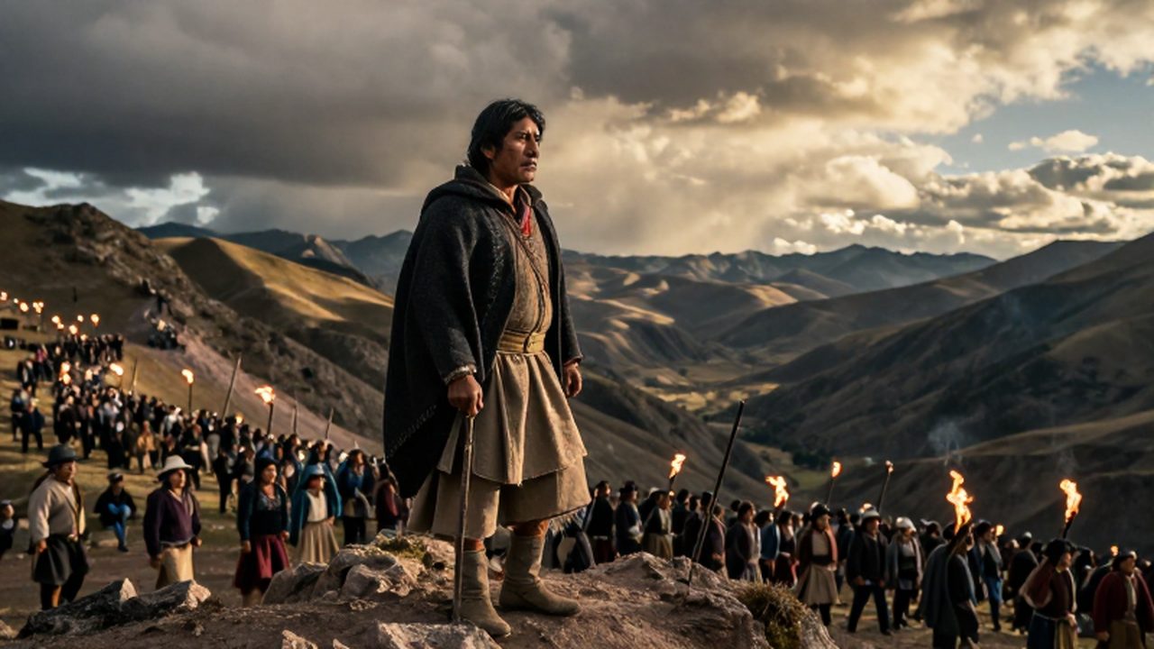Líder rebelde andino observando desde una montaña a una multitud de indígenas y milicias preparándose para el conflicto bajo un cielo dramático en los Andes.