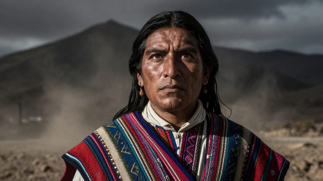 Retrato imponente de Túpac Amaru II con vestimenta andina tradicional frente a un paisaje montañoso.