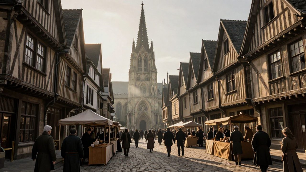 Plaza de una bulliciosa ciudad medieval europea con puestos de mercado, casas de madera y una gran catedral al fondo bajo la luz del amanecer.