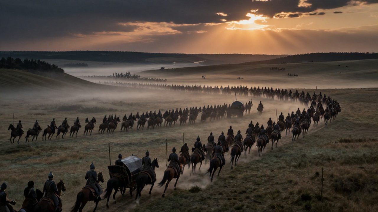 Tribus germánicas migrando en carros y a caballo a través de un valle neblinoso bajo la luz de un atardecer.