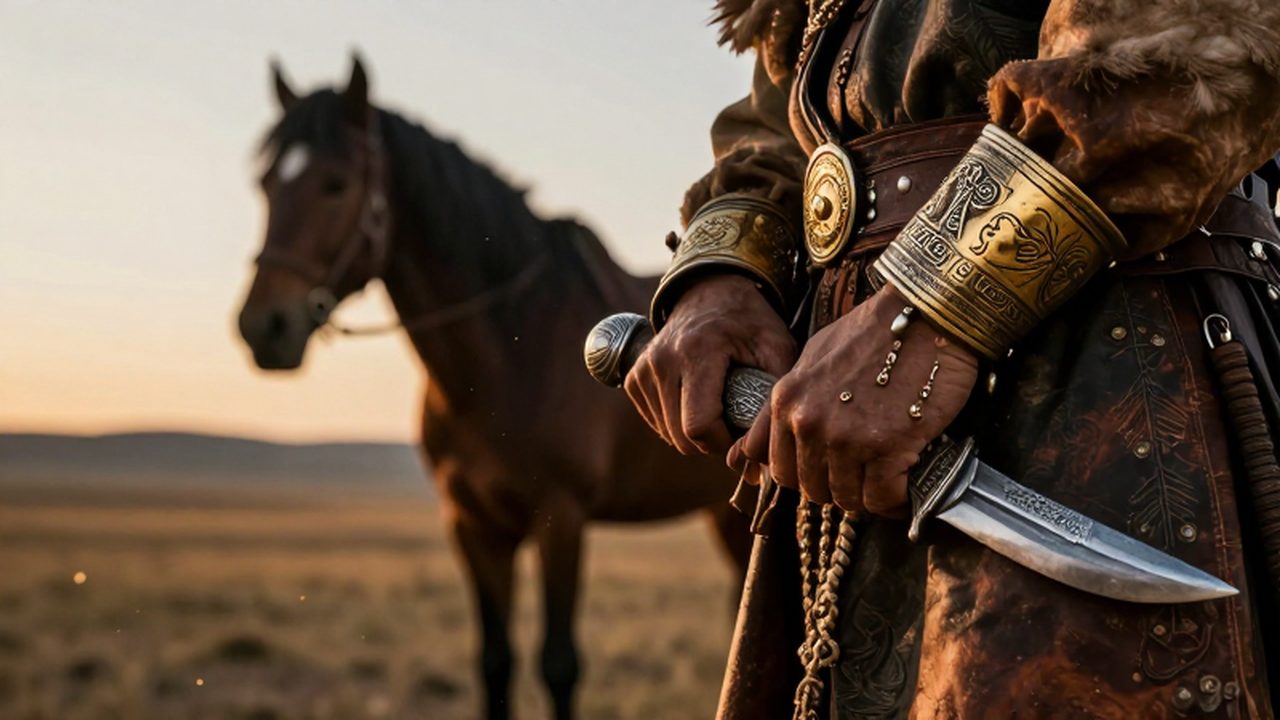 Manos de un líder huno con joyas de oro y plata sosteniendo una daga ceremonial sobre un paisaje de la estepa euroasiática.