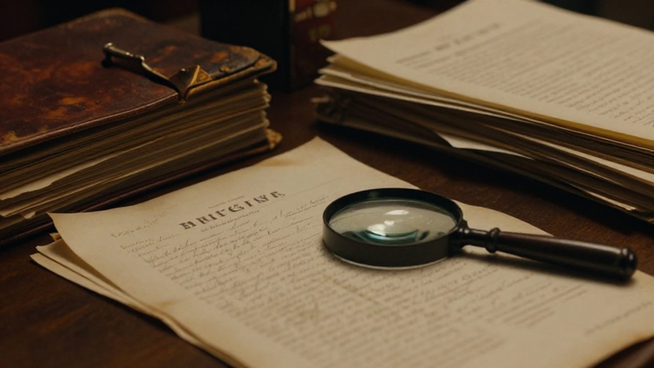 Libros de registro antiguos con hojas de pergamino desgastadas y una lupa sobre documentos históricos en una biblioteca.
