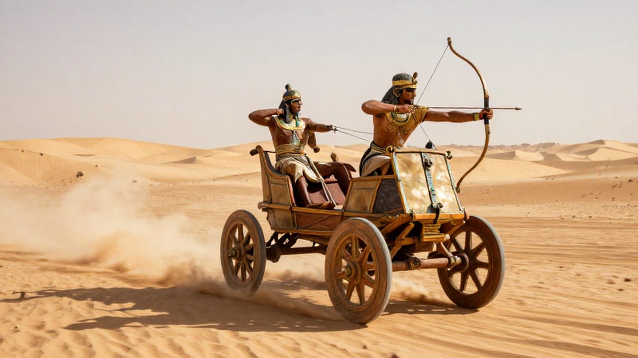 Carro de guerra hicsos avanzando rápidamente por las dunas doradas del desierto egipcio en medio de una nube de polvo.
