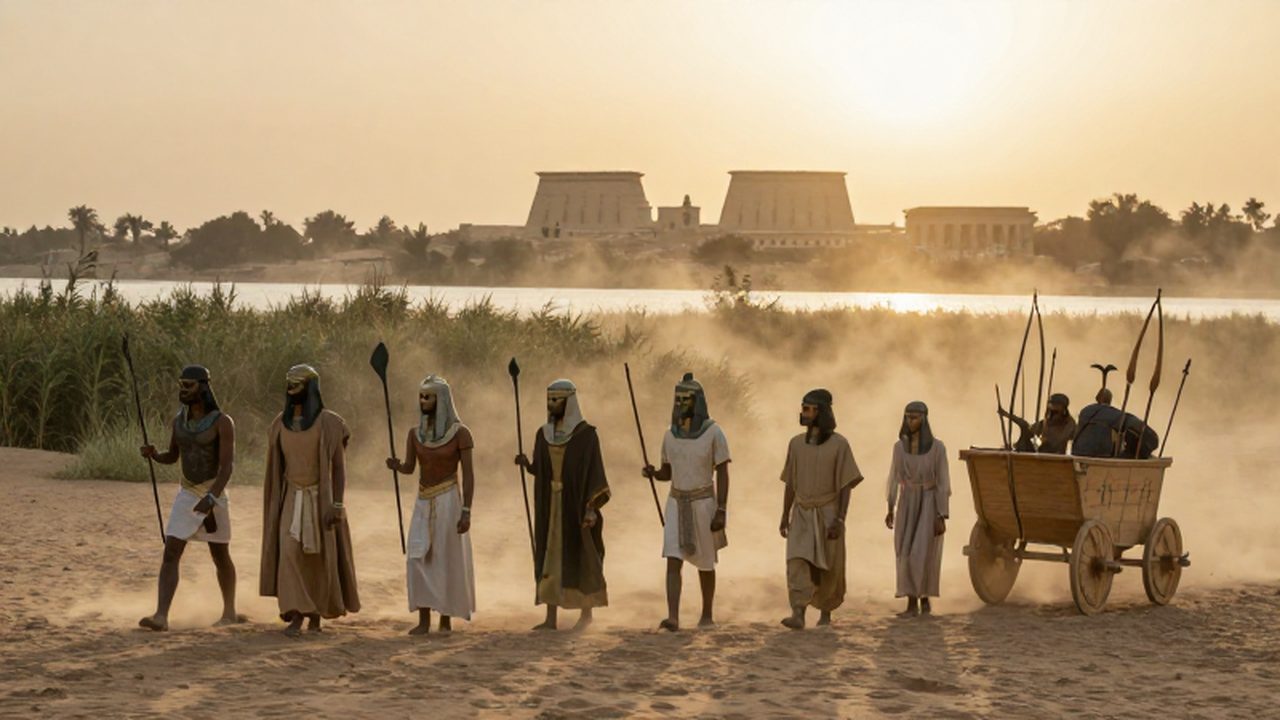 Guerreros y viajeros hicsos con carros ligeros y arcos compuestos avanzan por el delta del Nilo durante el atardecer egipcio.