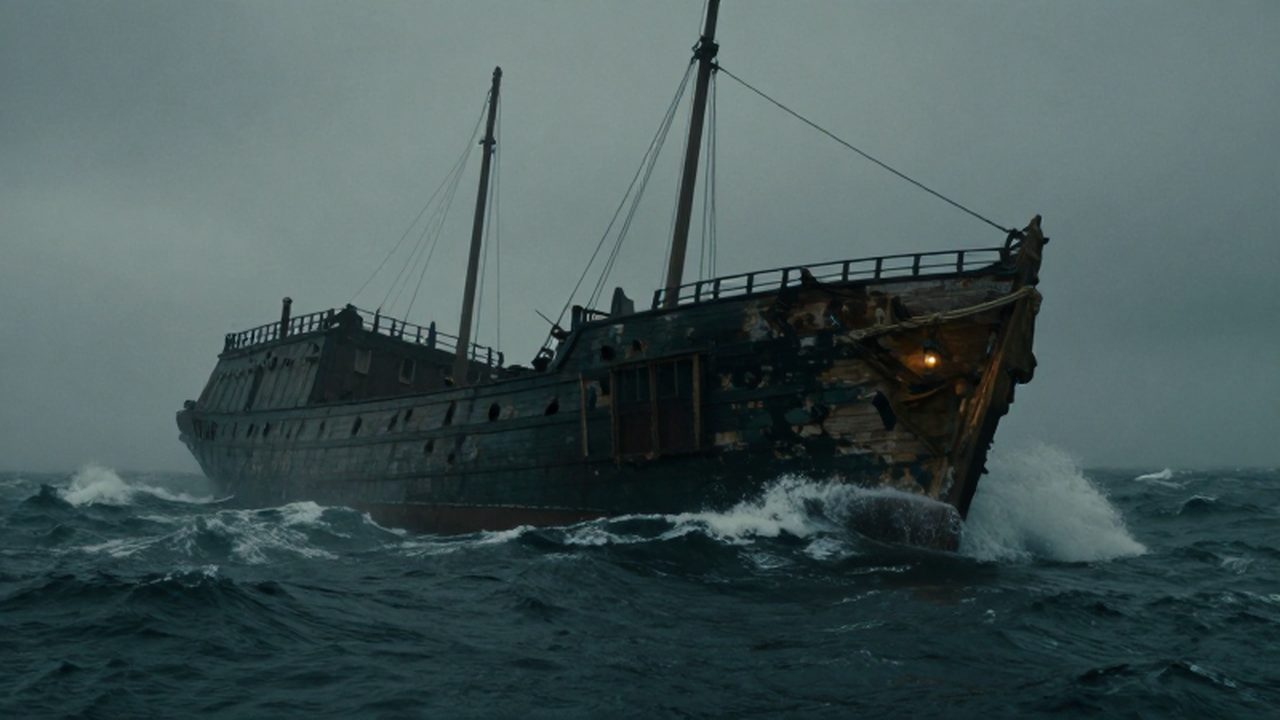 Antiguo barco de madera del siglo XIX navegando en medio de un océano Atlántico turbulento y sombrío.