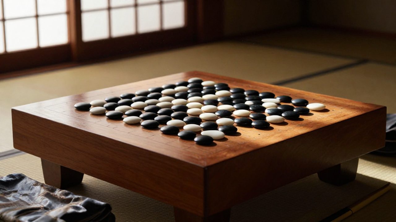 Tablero de madera de Go con piezas negras y blancas dispuestas en una formación estratégica sobre un dojo tradicional japonés iluminado por luz natural.