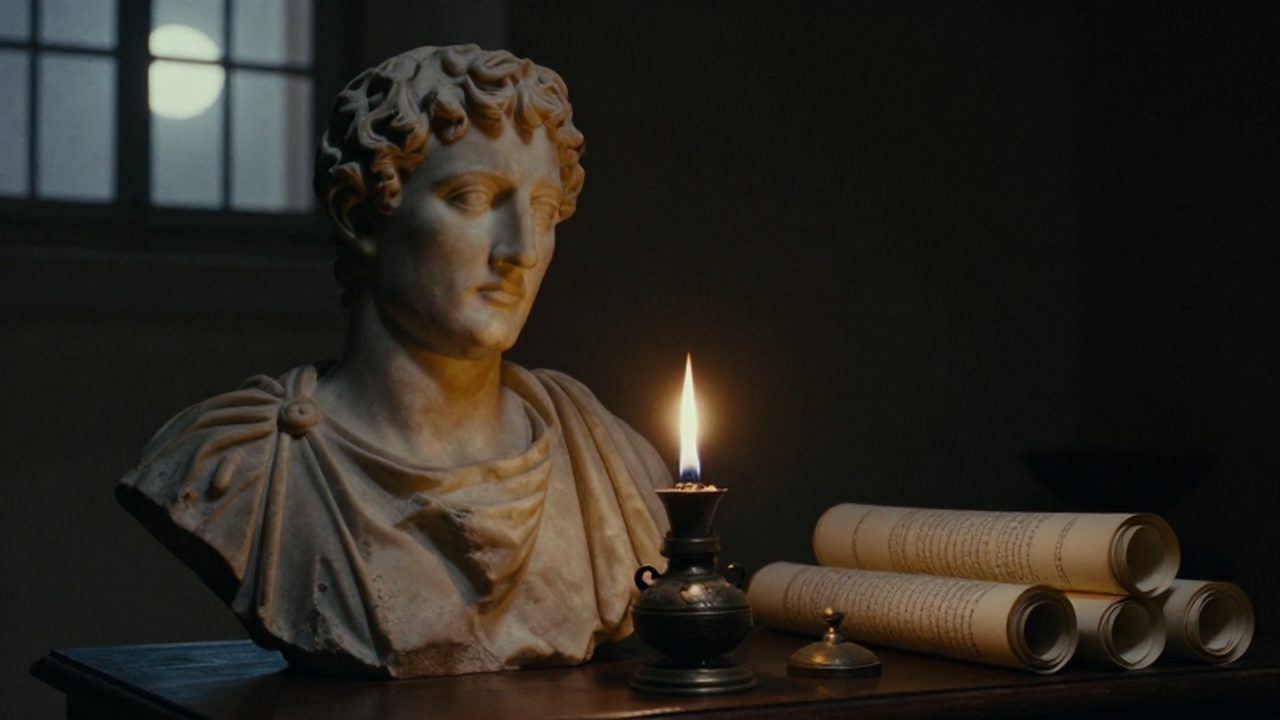 Busto de mármol de un emperador romano iluminado tenuemente por una lámpara de aceite junto a pergaminos antiguos sobre una mesa de madera.