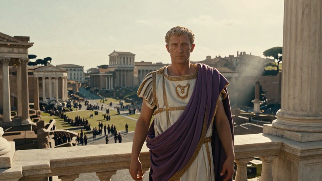 El emperador Augusto contempla con autoridad un extenso y luminoso foro romano rodeado de templos y columnas de mármol.