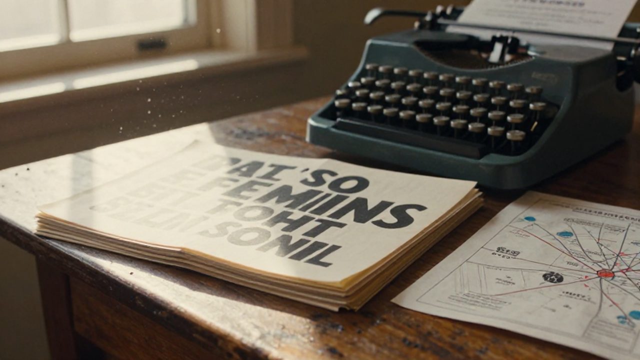 Fanzines fotocopiados, una máquina de escribir antigua y un mapa comunitario sobre una mesa de madera iluminada por el sol.