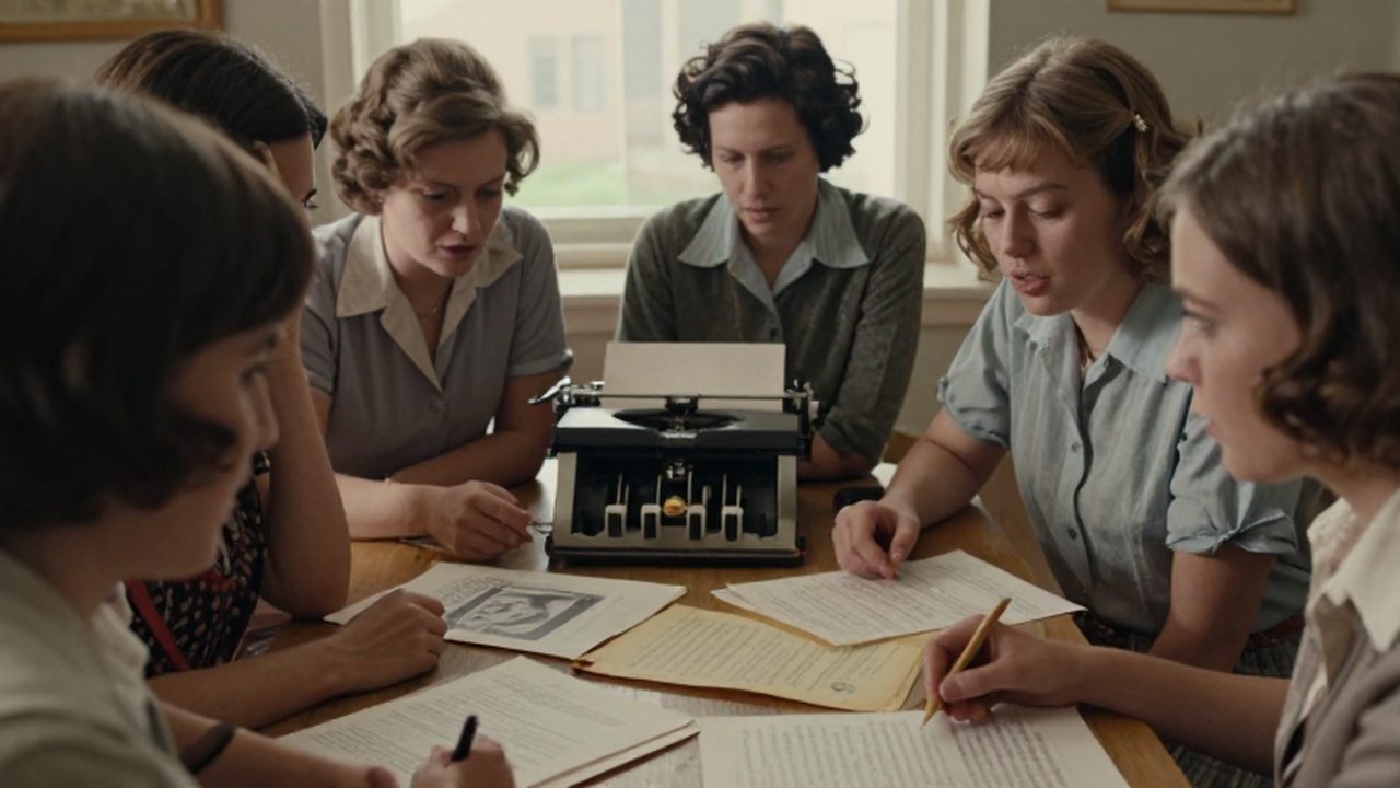 Mujeres con vestimenta de los años setenta reunidas alrededor de una mesa con manifiestos y notas manuscritas en un ambiente de activismo intelectual.