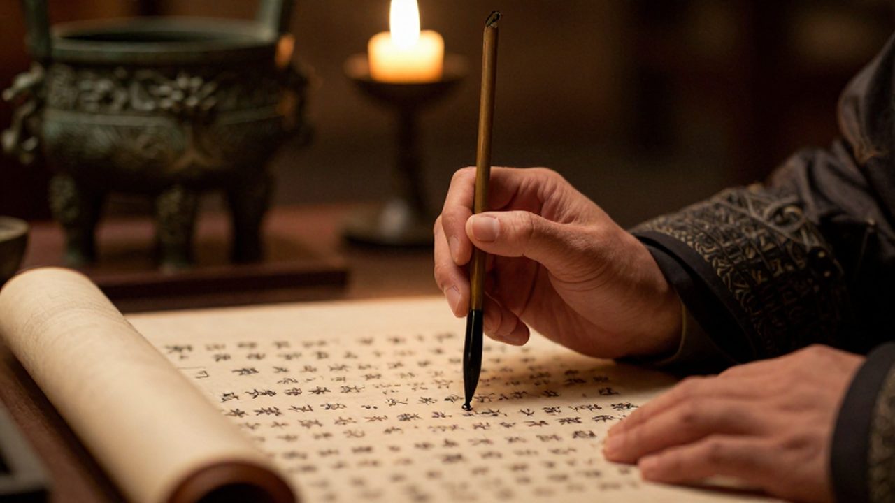 Manos de un erudito antiguo escribiendo caligrafía sobre pergaminos de seda en un archivo imperial iluminado por velas.