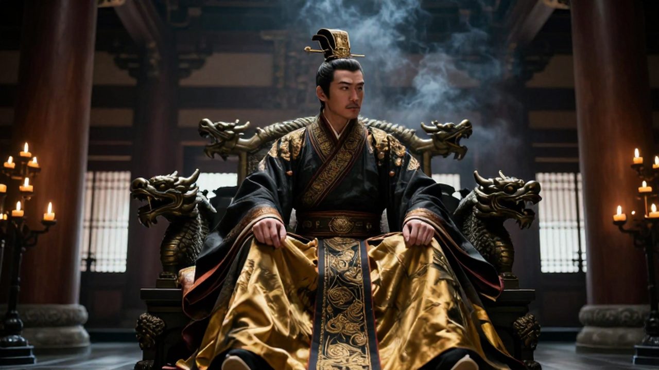 Perfil imponente de un joven emperador Qin Shi Huang sentado en un trono decorado con dragones dentro de un palacio imperial de la antigua China.