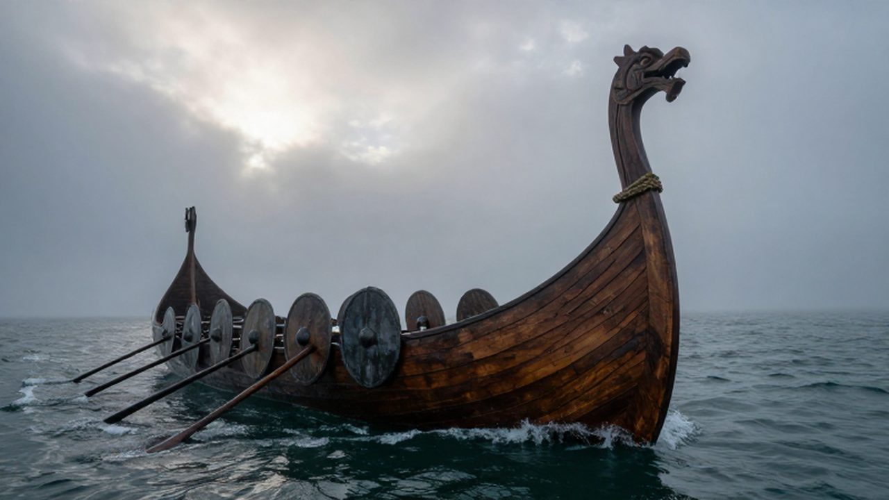 Drakkar vikingo con proa de dragón navegando entre la bruma y olas teñidas de azul oscuro.