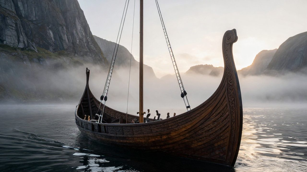Drakkar vikingo navegando por un fiordo brumoso al amanecer entre acantilados escandinavos.