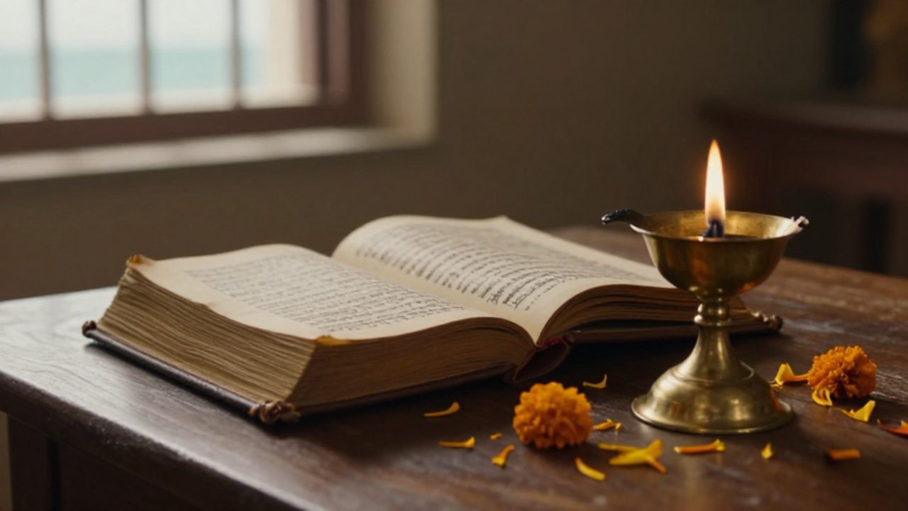 Libro de oraciones hebreo junto a una lámpara de aceite de latón y pétalos de caléndula sobre una mesa de madera.