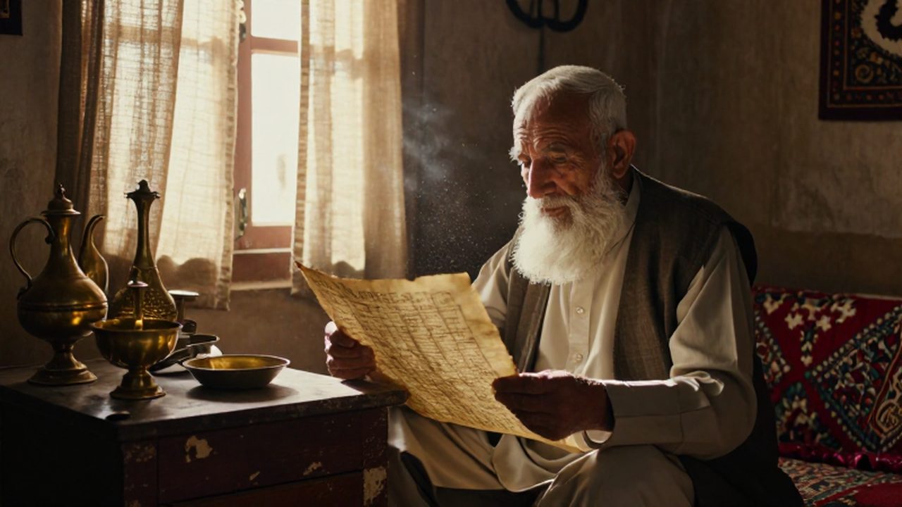 Hombre judío de edad avanzada leyendo un pergamino antiguo en el interior de una vivienda tradicional en el norte de la India.