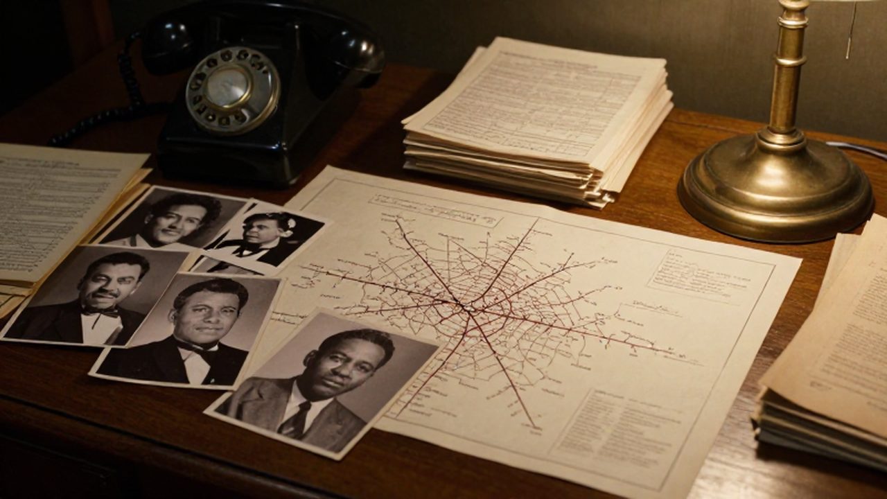 Escritorio de madera con mapas de Washington D.C., fotografías antiguas de líderes de derechos civiles y documentos organizativos en una oficina de 1963.