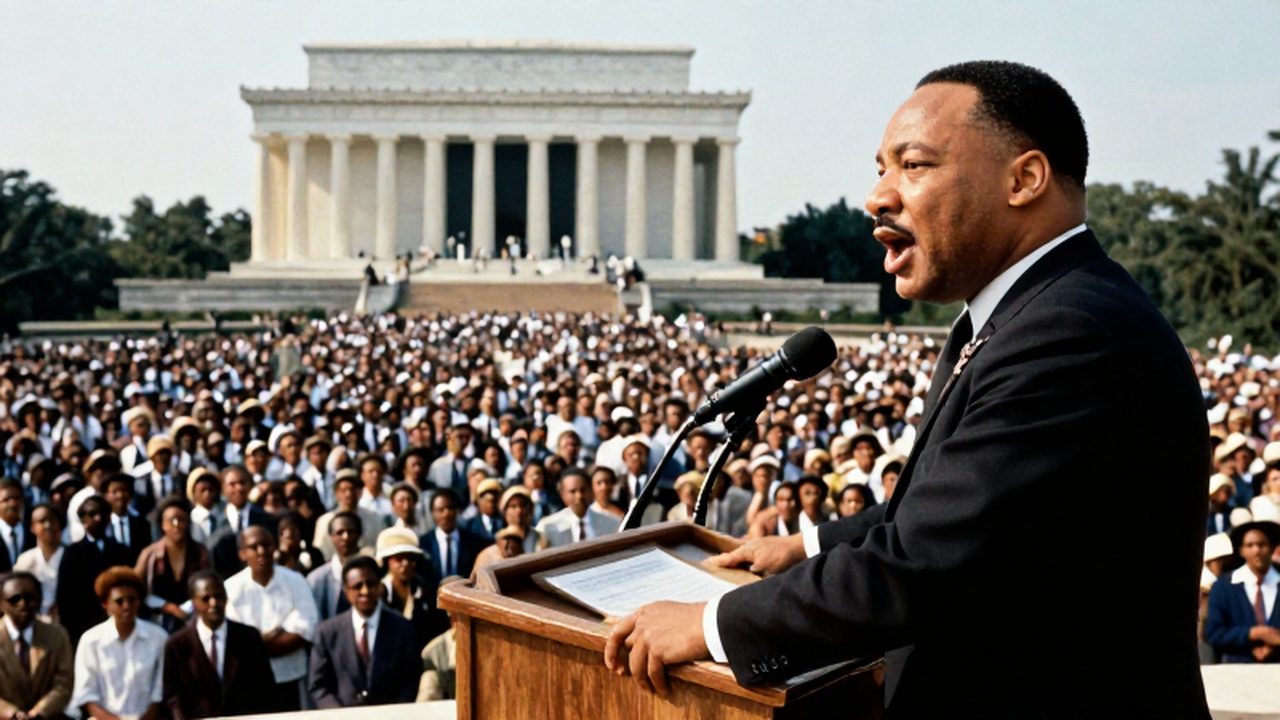 Martin Luther King Jr. hablando con pasión ante una multitud multitudinaria en el Monumento a Lincoln durante la marcha por los derechos civiles.