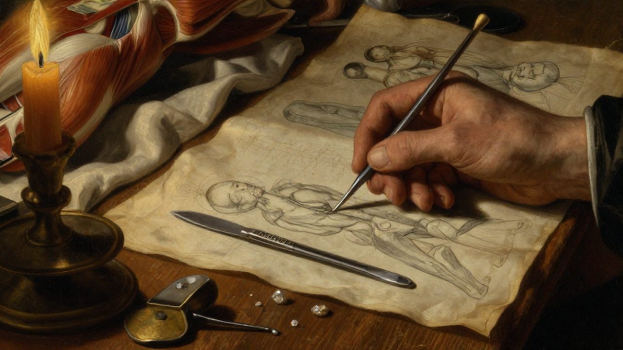 Instrumentos de disección antiguos y bocetos anatómicos sobre una mesa de madera en un taller renacentista iluminado por velas.