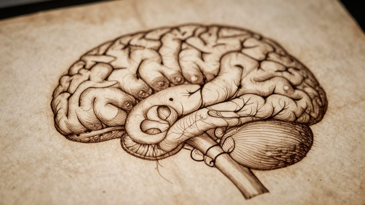 Dibujos detallados de la estructura cerebral y las conexiones nerviosas realizados con tinta sobre un pergamino antiguo al estilo de Da Vinci.