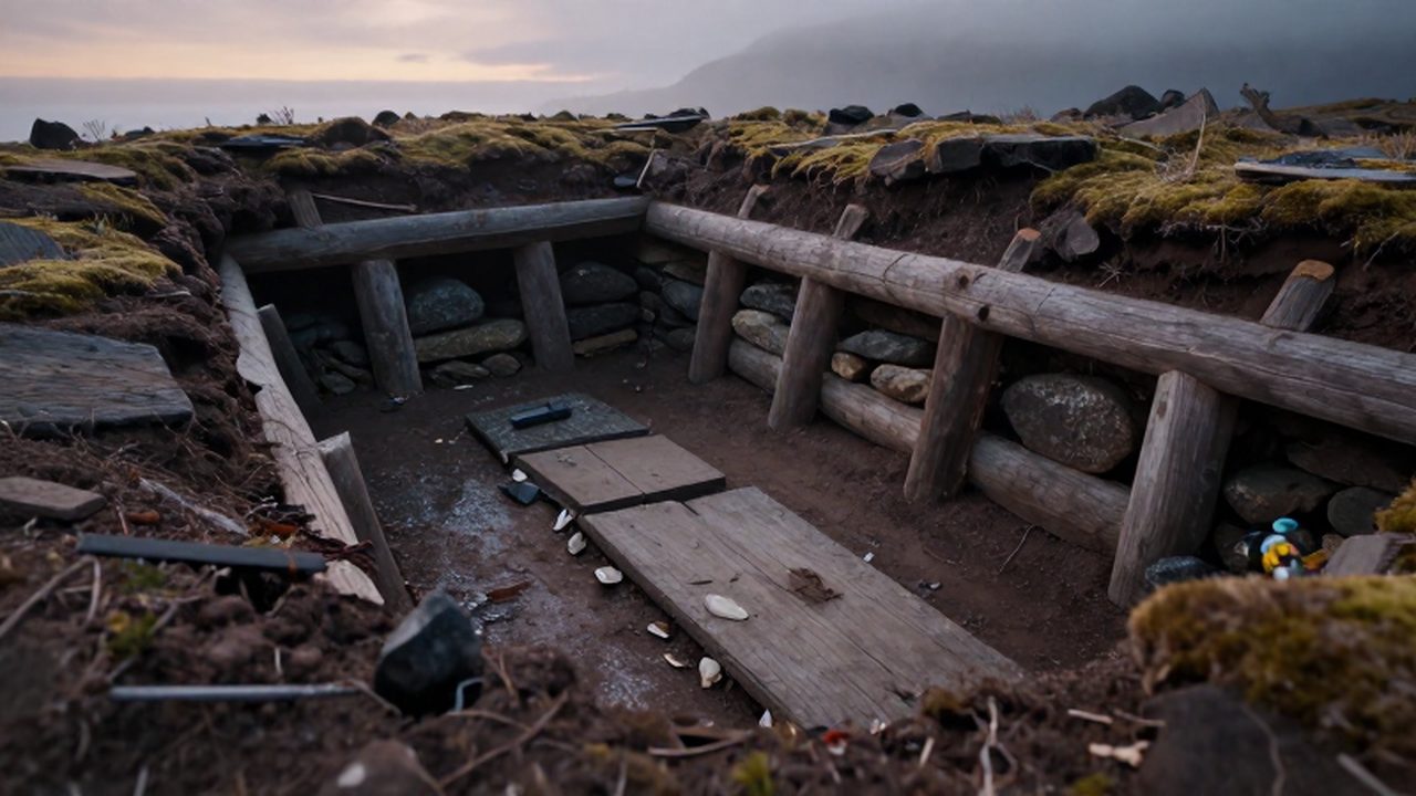 Excavación arqueológica de una cámara funeraria vikinga con estructuras de madera antigua y piedras bajo una atmósfera brumosa en Noruega.