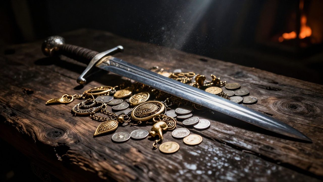 Espada de hierro con empuñadura de plata junto a joyas de filigrana dorada y monedas antiguas sobre madera envejecida.