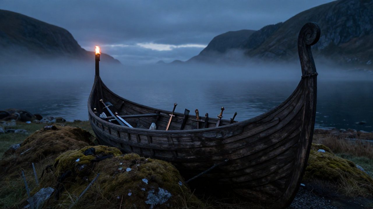 Barco vikingo de madera en un enterramiento ceremonial junto a un fiordo envuelto en niebla al atardecer.