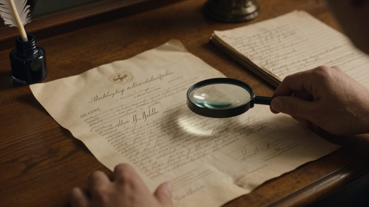 Lupa sobre documentos antiguos y pergaminos con caligrafía elegante sobre un escritorio de madera.