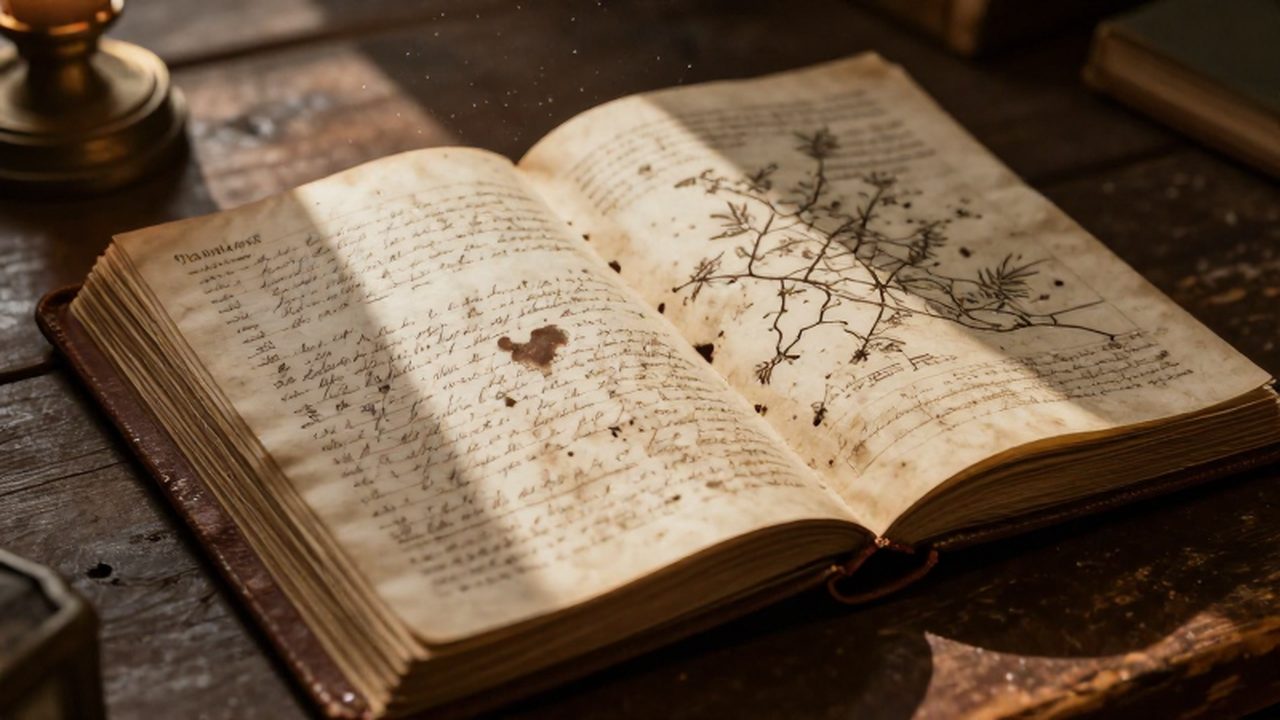 Libro de registros antiguo y manuscritos genealógicos sobre un escritorio de madera con un mapa de rutas migratorias bajo la luz de una vela.