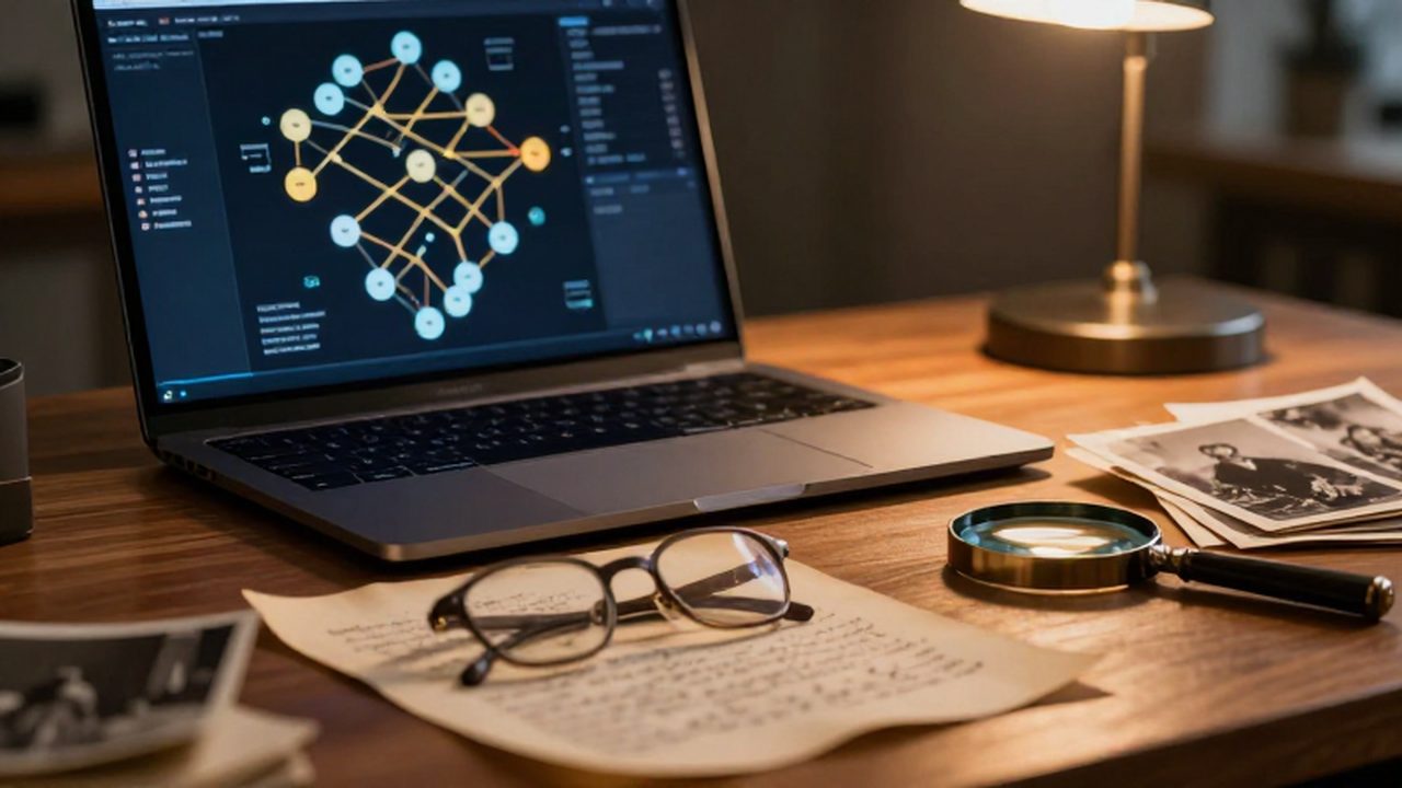 Escritorio con un ordenador mostrando un árbol genealógico digital junto a un pergamino antiguo, gafas de lectura y fotografías históricas en blanco y negro.