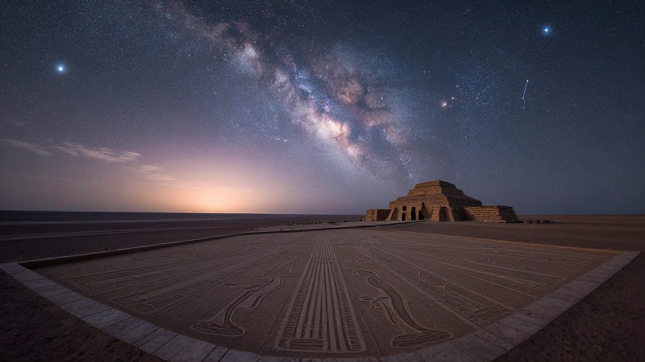 Plataforma de piedra antigua frente a geoglifos en el desierto de Palpa bajo un cielo nocturno estrellado con la Vía Láctea.