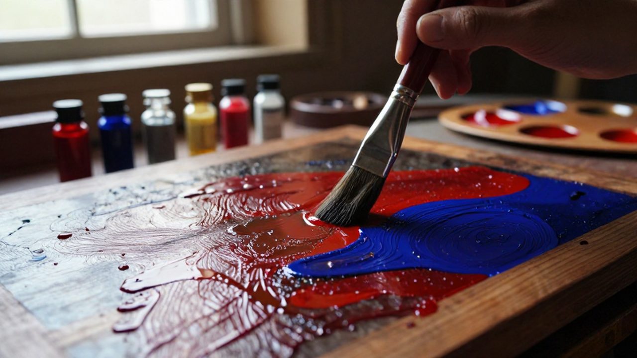Pincel fino aplicando capas de pigmento traslúcido sobre un panel de madera en un taller de pintura del siglo XV.