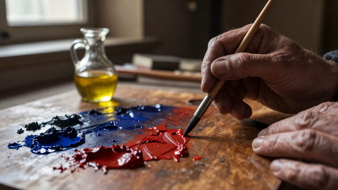 Manos de un pintor flamenco del siglo XV manipulando un pincel fino sobre una paleta de pigmentos de aceite en un taller iluminado.