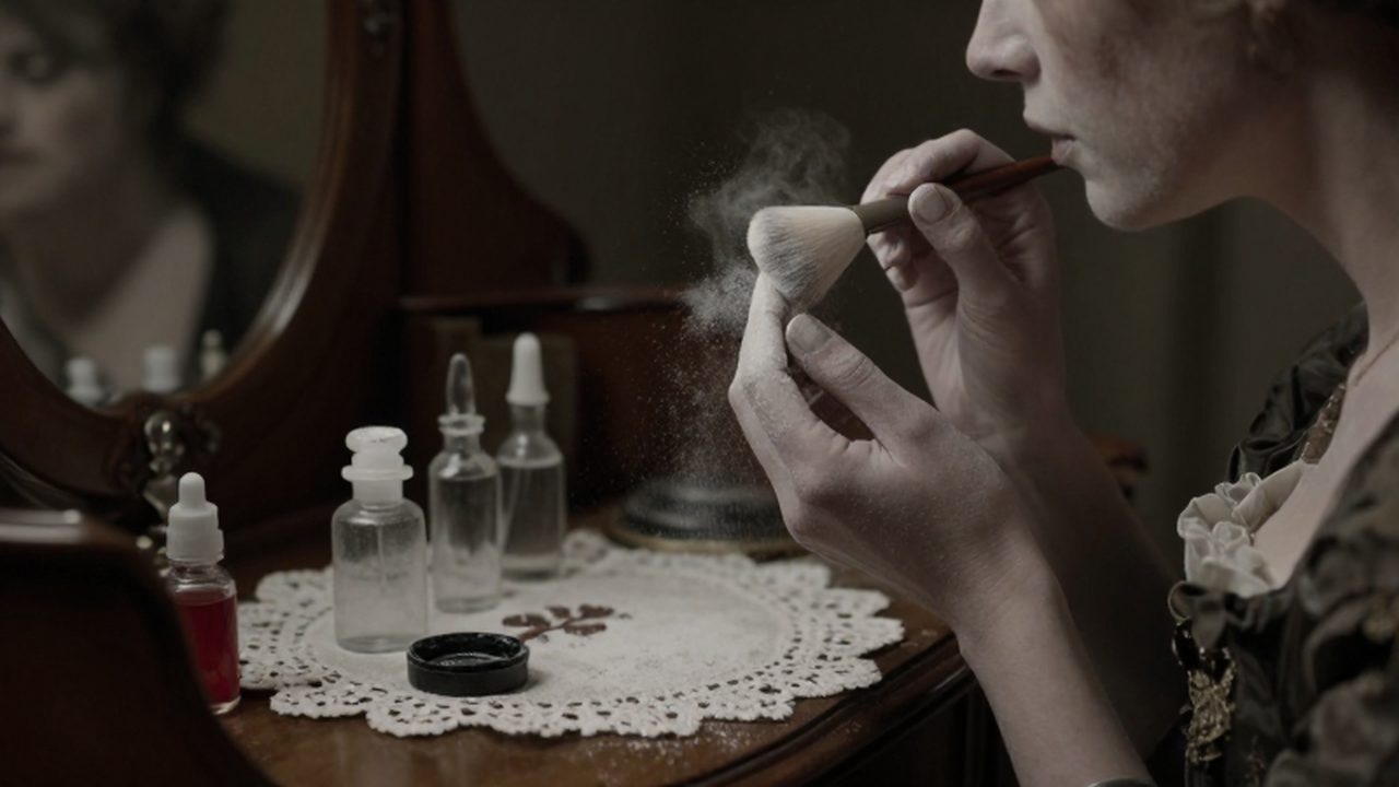 Mujer de la época victoriana aplicándose polvos de plomo frente a un tocador con frascos de pigmentos tóxicos.