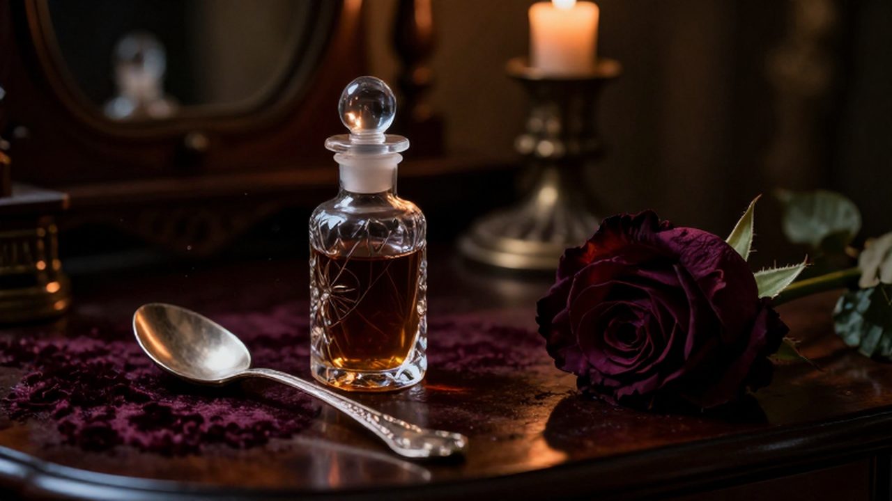 Frasco de cristal con laúdano sobre un tocador victoriano junto a una cuchara de plata y una rosa marchita.