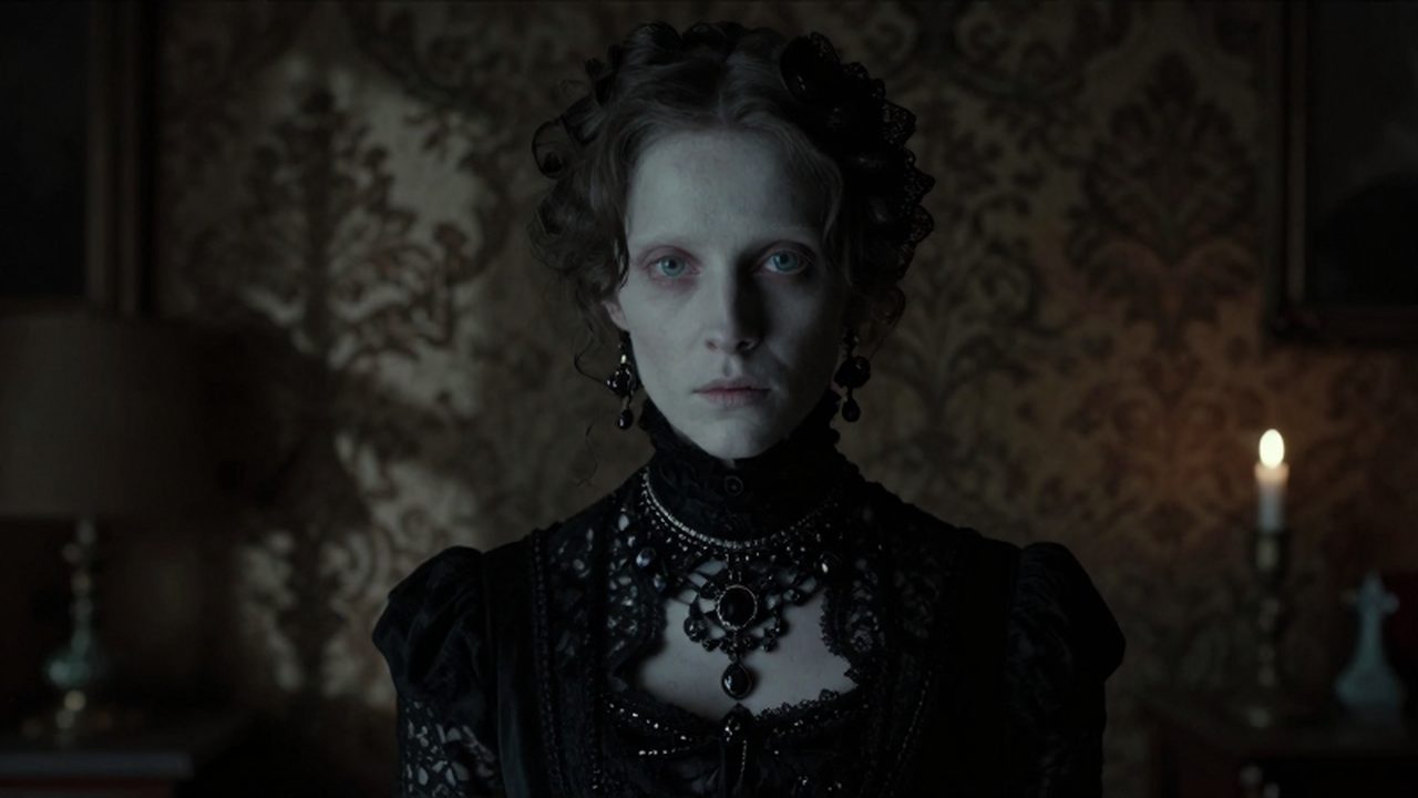Retrato melancólico de una mujer victoriana con vestido de encaje negro en una estancia sombría iluminada por velas.
