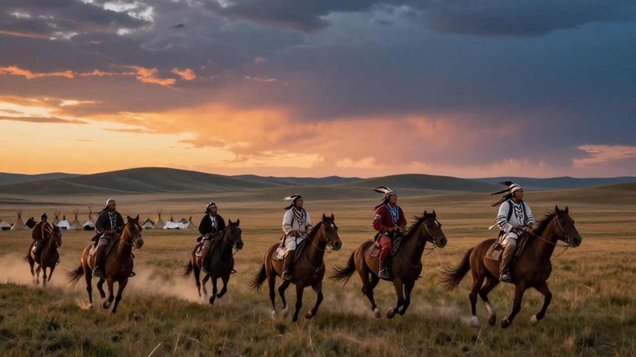 Guerreros sioux cabalgando a caballo por las extensas llanuras norteamericanas frente a un campamento de tiendas tipi bajo un atardecer dorado.