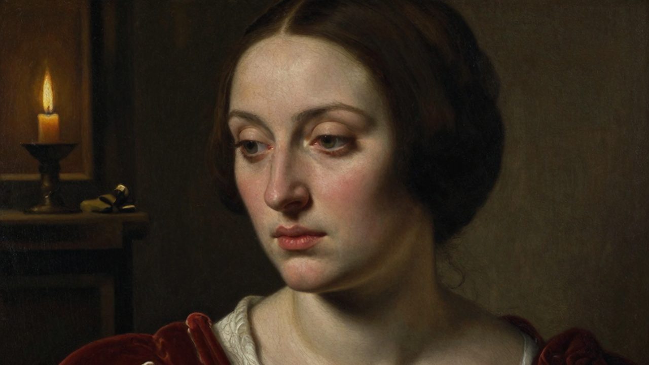 Retrato al óleo de una mujer renacentista con mirada profunda y melancólica bajo una suave iluminación de claroscuro.