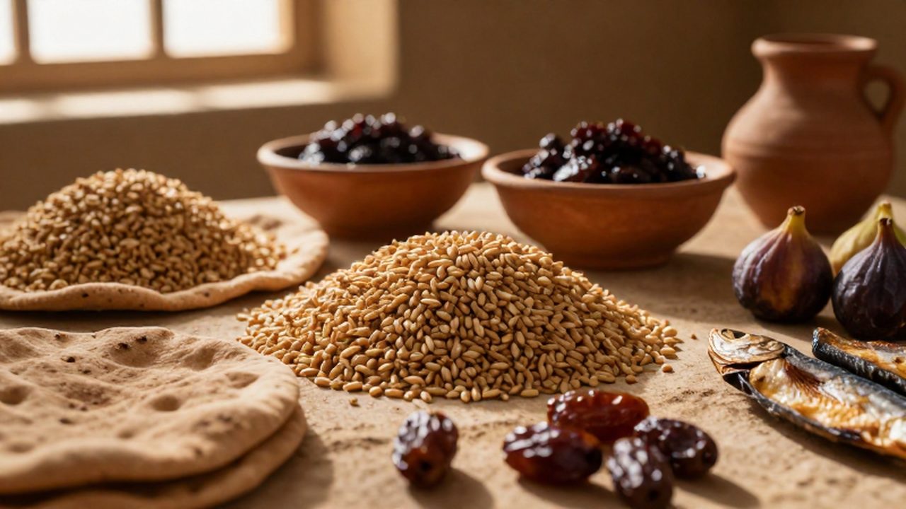 Montones de cereales, panes planos sobre tablas de arcilla, higos, dátiles y cuencos con cerveza en recipientes de terracota bajo una luz cálida.