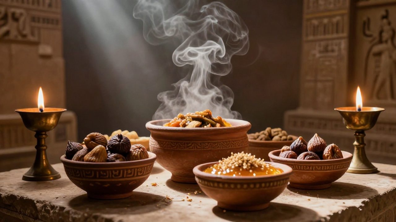 Cuencos de barro con cebada, higos y miel sobre un altar en un templo sumerio iluminado por lámparas de aceite.