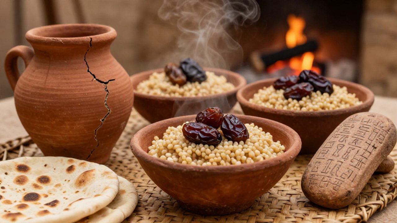 Cuencos de barro con gachas de cebada, dátiles y pan plano junto a una tablilla de arcilla con escritura cuneiforme bajo una luz cálida.