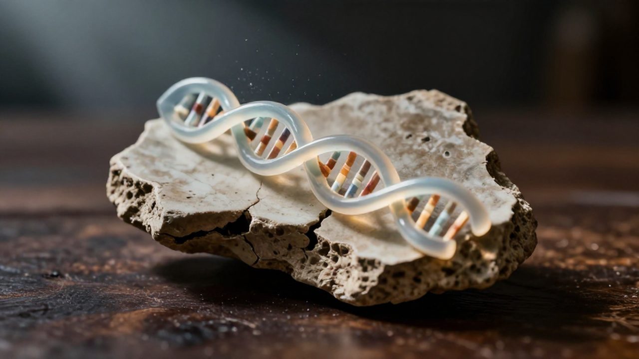 Fragmento de cerámica antigua sobre madera con una cadena de ADN brillante emergiendo de sus grietas.