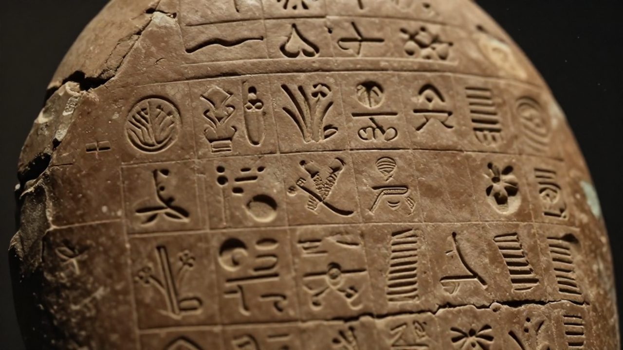 Primer plano de una tableta de arcilla antigua con símbolos y pictogramas del Lineal A grabados en su superficie texturizada.
