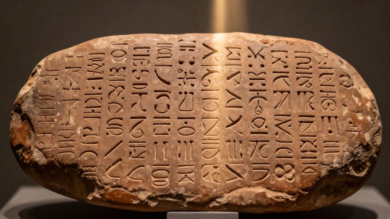 Tablillas de arcilla antiguas con inscripciones en caracteres del Lineal B bajo una luz tenue de museo.