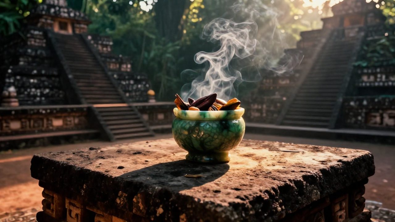 Altar de piedra volcánica con un recipiente de jade con ofrendas de cacao y humo de copal bajo la luz del sol en una selva con pirámides al fondo.